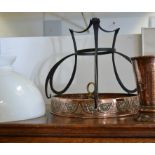 A copper mounted hanging oil lamp,