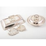 Pair of silver plated dishes, lid and white metal dishes.