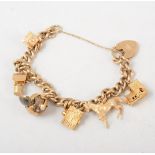 9ct solid link gold charm bracelet, 9ct hallmarked clasp, with six charms, 47g gross.