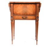 Modern mahogany sewing cabinet, hinged lid and two fall flaps, drawer base, fluted supports,