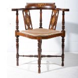 Edwardian inlaid mahogany corner chair, 64cm.