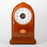 Edwardian inlaid mahogany Boulle patent mantel clock, mahogany lancet case, 38cm.