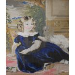 Victorian Berlin woolwork picture, Girl and Puppy, in a gilt gesso frame,