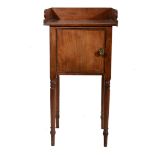 19th century mahogany pot cupboard, three-quarter gallery back, circular ringed supports,