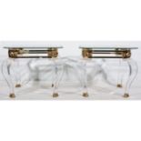 Glass top coffee table, brass frame, scrolled perspex legs, width 130cm, depth 70cm,