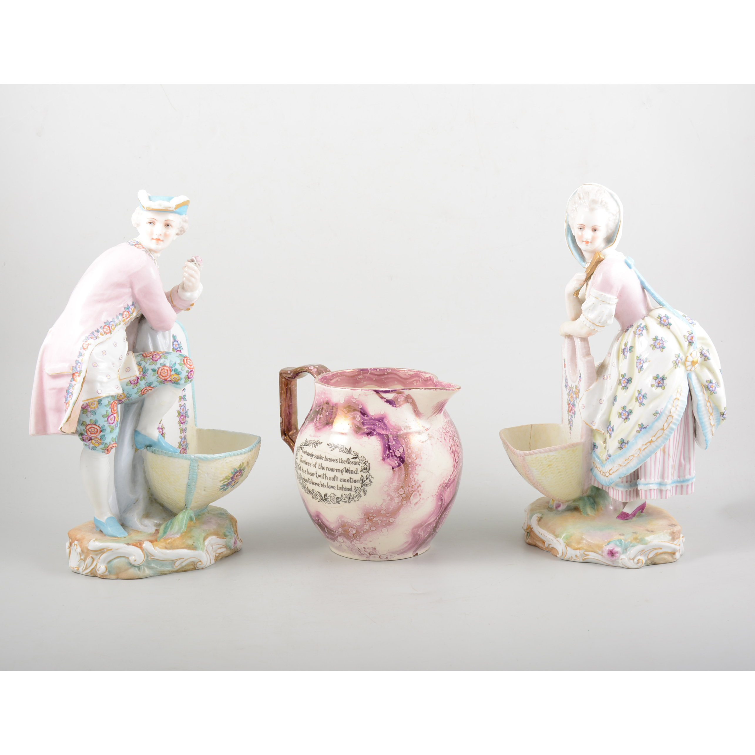 Pair of Meissen style porcelain figures, modelled as a Lady and Gentleman in 18th Century costume,