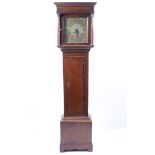 Oak and mahogany longcase clock, cavetto cornice, turned and fluted supports, to hood, long door,