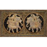 Thai padded silk and embroidered panel, with two roundels with Thai dancers on elephant back,