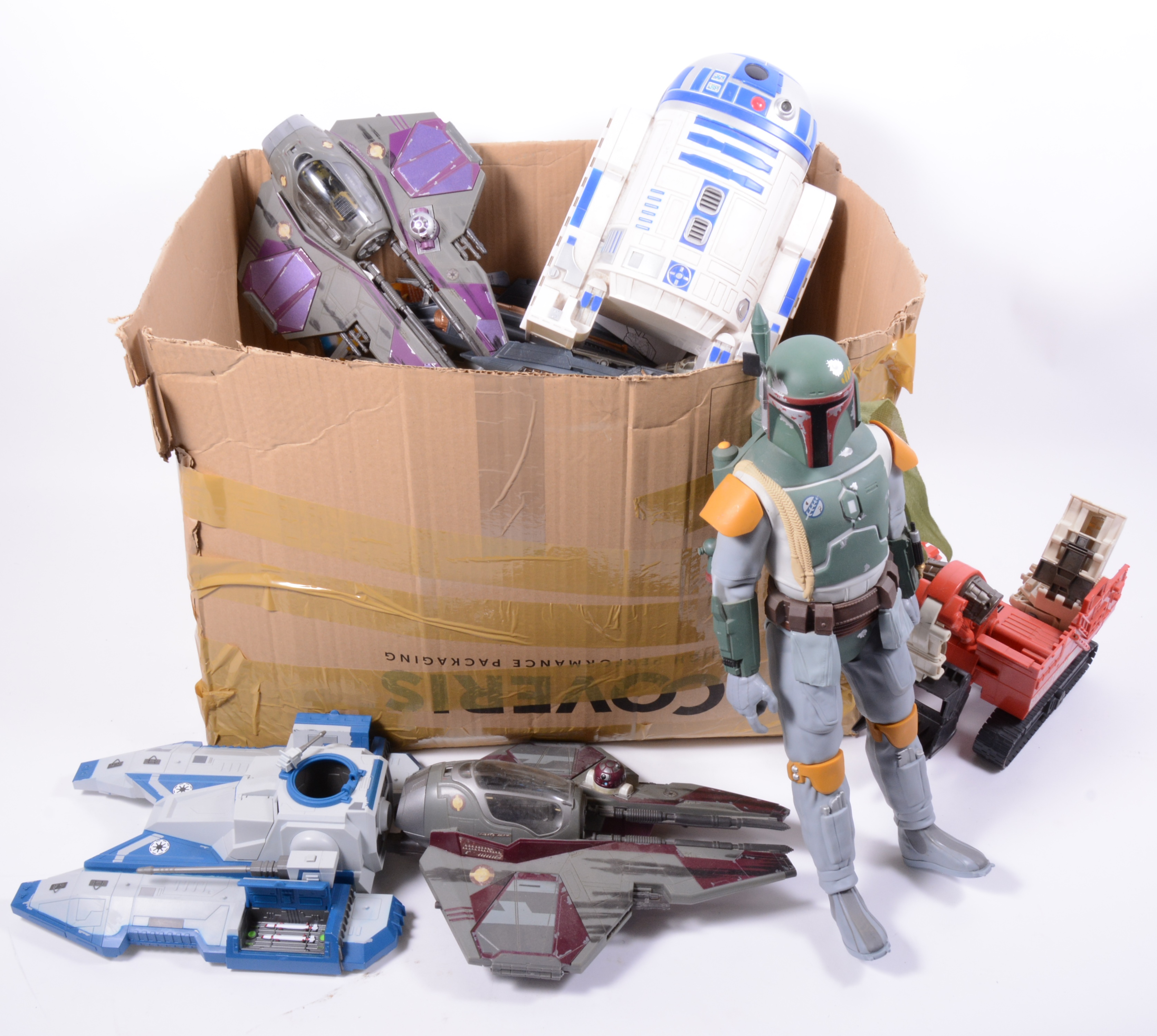 Three boxes of Star Wars toys and vehicles; large quantity of parts, pieces, vehicles, spares.