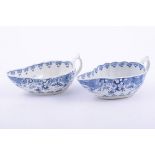 Near pair of First Period Worcester porcelain blue and white sauceboats, The Doughnut Tree pattern,