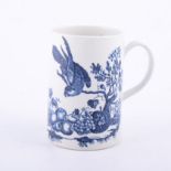 First Period Worcester porcelain blue and white mug, Parrot Pecking Fruit pattern, 1770-85,