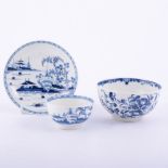 First Period Worcester porcelain blue and white tea bowl and saucer, painted, Cannonball pattern,