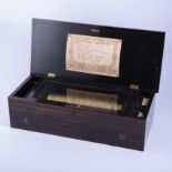Swiss musical box, playing eight airs, printed label, Etouffoirs en Acier number 19411, 28cm drum,