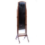Mahogany framed cheval mirror, carved frame, four splayed legs, width 45cm, height 159cm.