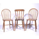 Set of three beech and elm slat-back kitchen chairs, width 44cm,