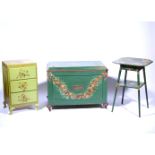 Painted oak blanket box, hinged lid, bun feet, 89cm x 51cm,