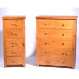 Modern pine chest of drawers, rectangular top, fitted with five drawers, turned handles, width 54cm,