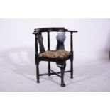 George III style stained wood corner chair, broad hoop, twin vase splats, drop-in seat,