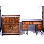 Suite of early 20th Century oak bedroom furniture, Restoration style, including triple wardrobe,