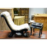Victorian ebonised gout stool, buttoned brocaded upholstery,