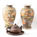 Pair of Satsuma baluster-shape vases, 28cm; Canton teaware,