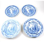 Three transfer ware soup plates, probably Davenport, early 19th Century, Chinoiserie Ruins,