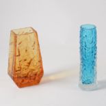 Whitefriars, tangerine vase, labelled ~~"Whitefriars", 1cms, and a blue tinted vase, (2).