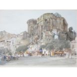 After Sir William Russell Flint, village scene, pencil signed, with blind stamp,