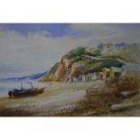 David Weston, "End of The Season Budleigh Salterton" a beach scene with cliffs and beach huts,