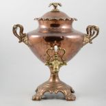 Large 19th Century copper and brass samovar, with scrolling mount and opal glass handles.