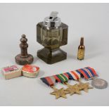 Collectibles and curios, including gramophone needles, glass table lighter,