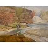 A pair of Scottish watercolour landscapes depicting a piper, one by a river and one by the seashore,