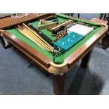 Table-top snooker table, together with accessories including snooker balls, pool balls, cues,