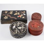 Chinese cinnabar lacquer circular box, decorated with figures, in a clearing, substantial damage,