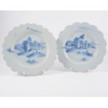 Pair of Delft plates, probably English, lobed borders, hand-painted landscape,
