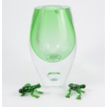 Swedish glass intaglio by Mats Jonasson, green cased art glass vase,