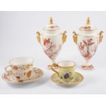 Pair of Coalport bone china urns, Indian Tree Coral pattern, 22cm; Royal Worcester cup and saucer,