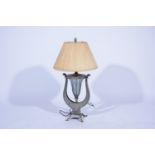 Contemporary table lamp, lyre and urn shaped frame, on acanthus feet, pleated shade, 87cm.
