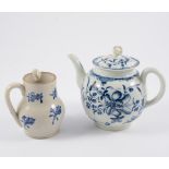First Period Worcester blue and white teapot and cover, printed floral pattern, open crescent mark,