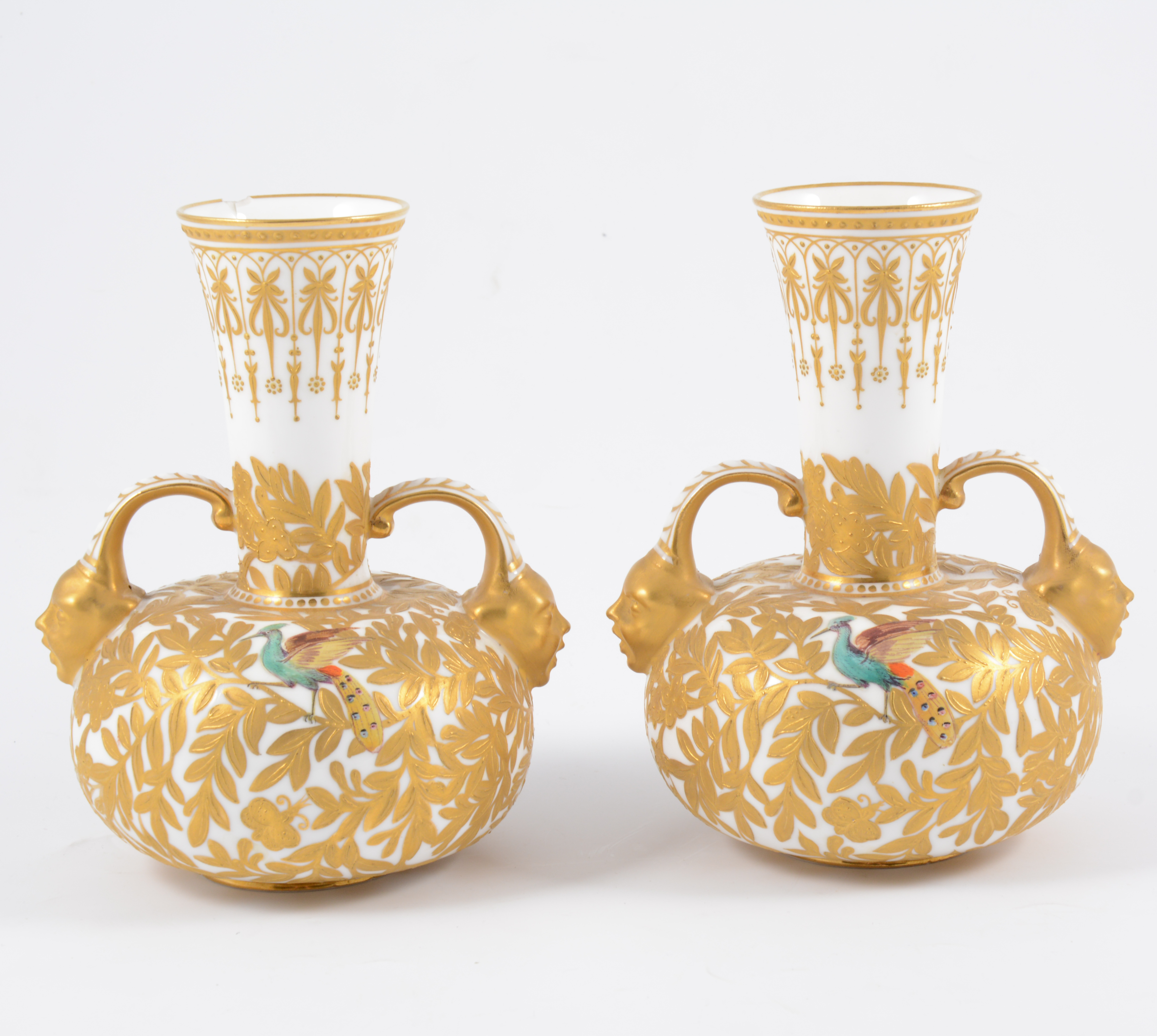A pair of Crown Derby porcelain vases, twin handled,