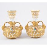 A pair of Crown Derby porcelain vases, twin handled,