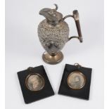 A pair of milk glass oil lamps, with chimneys, 47cm, EPBM pot, four engravings in ebonised frames.