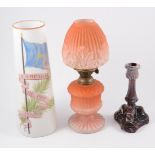 Victorian moulded and opaque glass oil lamp, 29cm; an opaque glass vase,