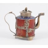 A small Chinese teapot, white metal mounted hardstone body, cloisonne band, multiple character mark,