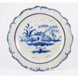 English Pearlware plate by Turner, blue and white hand-painted decoration of a cottage,