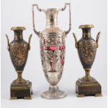 Neo classical style electrotype ruby glass ornamental urn, twin reeded handles,