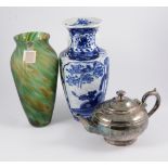 Pair of Japanese blue and white vases; Denby vase; jugs; pewter.