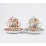 A pair of Dresden chocolate cups, covers and saucers,