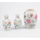 Chinese famille rose ovoid jar, decorated with songbirds, prunus and other flowers, lacking lid,