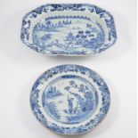 Chinese export porcelain dish of oblong form, decorated with a river landscape,